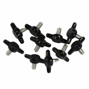 10 Pack of T-Head Thumb Screws – 10-32 x 3/8 inch, black plastic heads with metal threaded shafts.