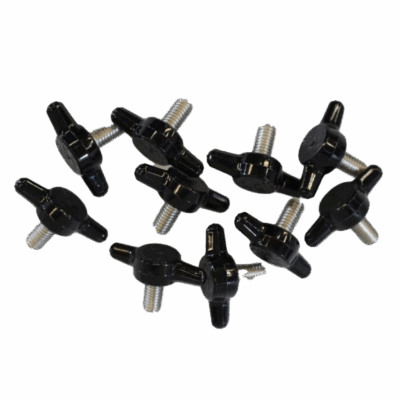 10 Pack of T-Head Thumb Screws – 10-32 x 3/8 inch, black plastic heads with metal threaded shafts.