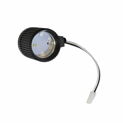 LED platform light assembly with black ribbed housing, reflective interior, and two-wire connector.