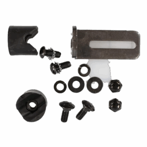 BKT Quiet Ride L955SE Kit featuring a metal mounting bracket, rubber stow block, slotted guide block, screws, washers, lock nuts, and star washers for vibration reduction and secure assembly.
