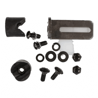 BKT Quiet Ride L955SE Kit featuring a metal mounting bracket, rubber stow block, slotted guide block, screws, washers, lock nuts, and star washers for vibration reduction and secure assembly.