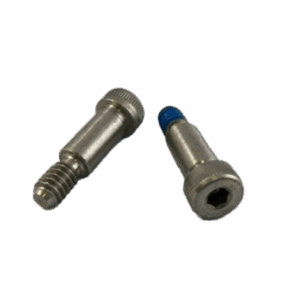 Pair of 5/16 x 5/8-1/4 inch shoulder bolts with hex socket heads and partially threaded shafts, one with blue thread-locking compound.