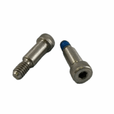 Pair of 5/16 x 5/8-1/4 inch shoulder bolts with hex socket heads and partially threaded shafts, one with blue thread-locking compound.