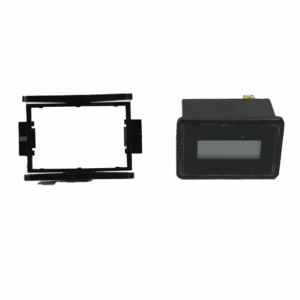 A black rectangular digital cycle counter with an LCD screen display, shown alongside its matching black mounting frame.