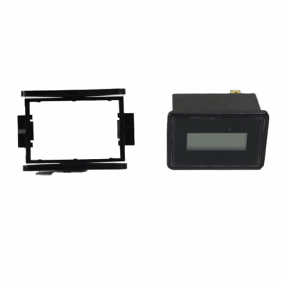 A black rectangular digital cycle counter with an LCD screen display, shown alongside its matching black mounting frame.