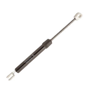 Black gas spring with metal mounting brackets on both ends, designed to provide 30 pounds of force. The cylinder measures approximately 3.228 inches in diameter and extends to 9.488 inches in length.