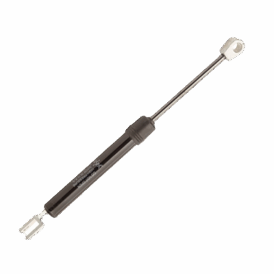 Black gas spring with metal mounting brackets on both ends, designed to provide 30 pounds of force. The cylinder measures approximately 3.228 inches in diameter and extends to 9.488 inches in length.