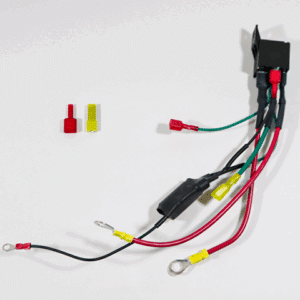 HARNESS REDUNDANT RELAY RETRO KIT featuring a compact relay with pre-wired red, black, and green leads, ring terminals, and insulated connectors for seamless integration into electrical systems; includes additional red and yellow connectors